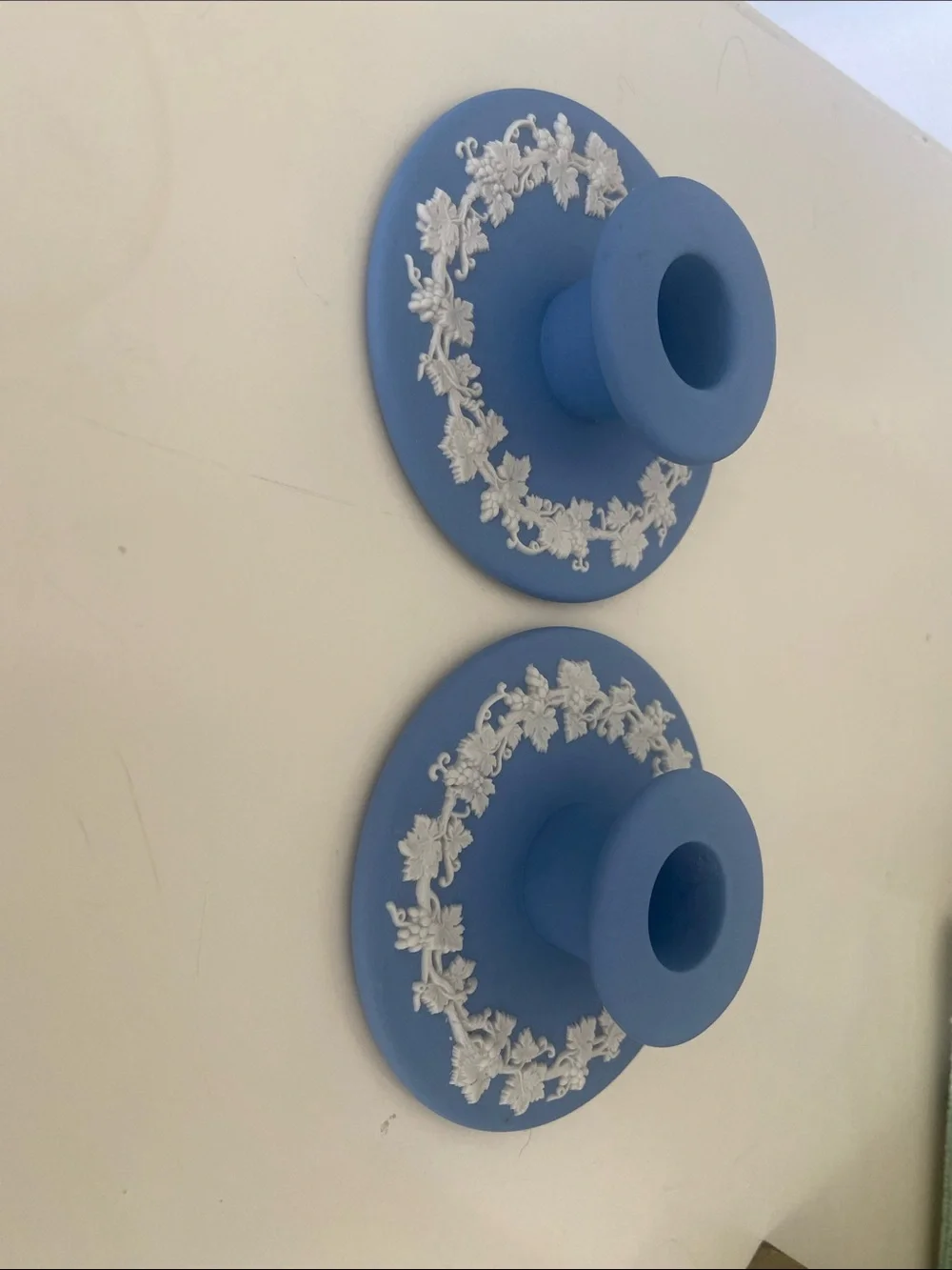 Wedgwood Blue Jasperware Candle Holders with White Relief - Pair